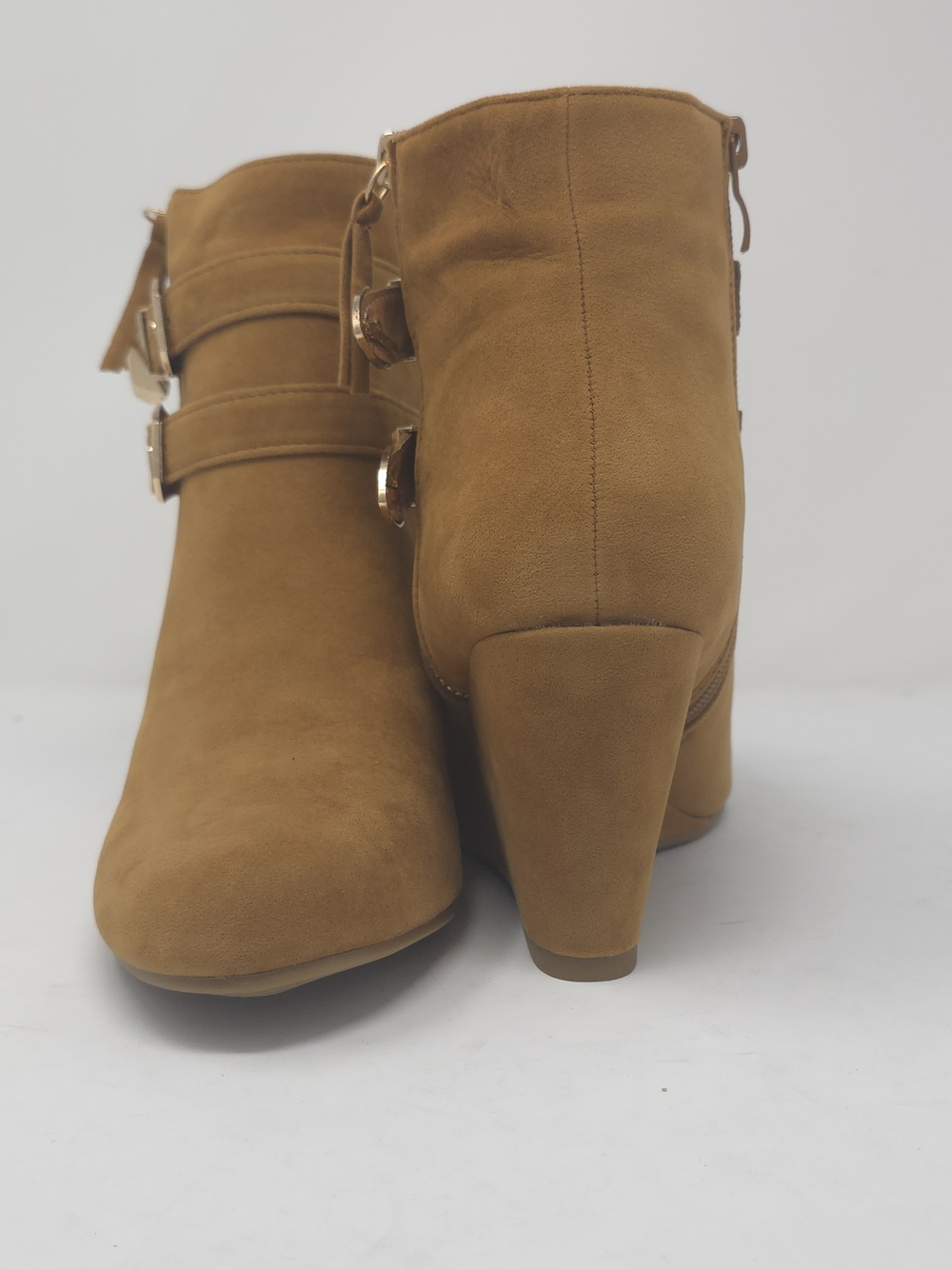 Tan Faux Suede Wedge Ankle Boots Buckle Strap Side Zip Casual Trendy - Picture 6 of 12